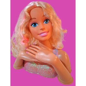 Barbie Blonde Styling Doll Head With Makeup Glittery Top RARE